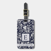 Gepersonaliseerd donkermarineblauw bloemwit bagagelabel (Voorkant verticaal)