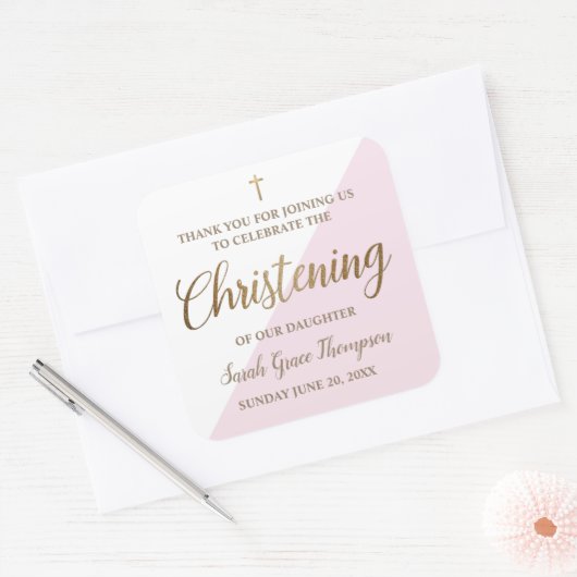 Gepersonaliseerd doopfeest Modern goud roze wit Vierkante Sticker (Envelop)