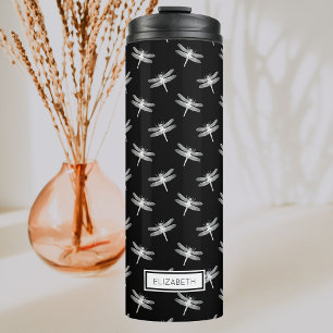 Gepersonaliseerd Dragonfly Pattern Black en White Thermosbeker