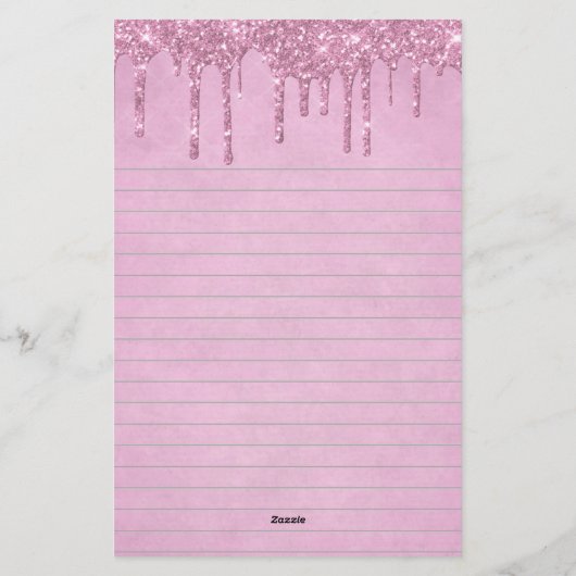 Gepersonaliseerd druppelend glitter roze gelinieer briefpapier (Achterkant)