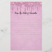 Gepersonaliseerd druppelend glitter roze gelinieer briefpapier (Voorkant)
