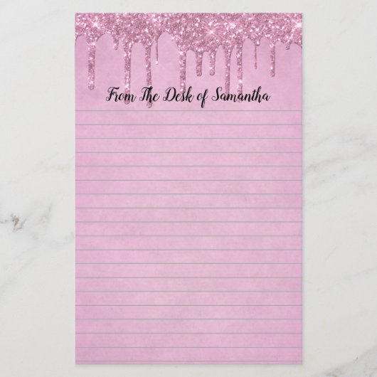 Gepersonaliseerd druppelend glitters roze geliniee briefpapier (Voorkant)