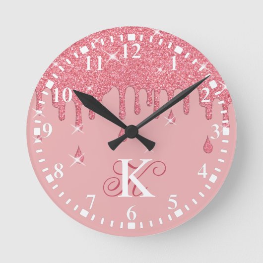 Gepersonaliseerd druppelroze glitter-effect ronde klok (Voorkant)
