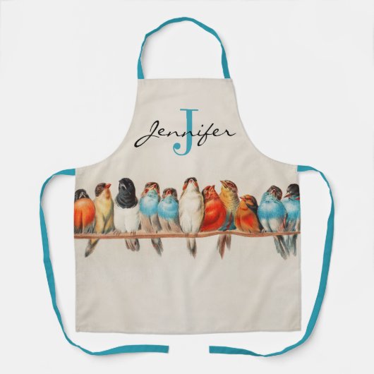 Gepersonaliseerd Dusty Blue Birds  Monogram Naam Schort (Voorkant)