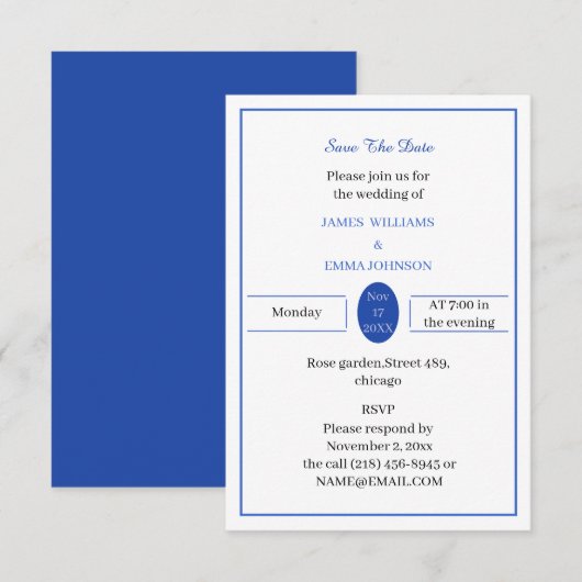 Gepersonaliseerd eenvoudig blauw save the date (Voorkant / Achterkant)