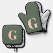 Gepersonaliseerd Eenvoudig Vet Monogram Roze en Gr Ovenwant & Pannenlap Set (Voorkant / Achterkant)