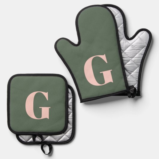 Gepersonaliseerd Eenvoudig Vet Monogram Roze en Gr Ovenwant & Pannenlap Set (Voorkant / Achterkant)