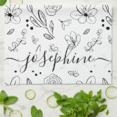 Gepersonaliseerd Eenvoudig Zwart wit bloemmotief Theedoek (Gevouwen)