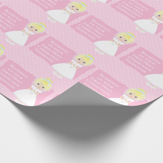 Gepersonaliseerd eerste communiqué - blauw - meisj cadeaupapier (Hoek)