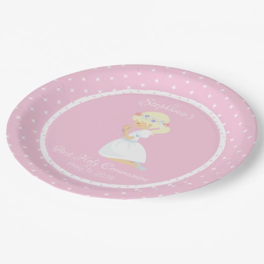 Gepersonaliseerd eerste communiqué - blauw - meisj papieren bordje (Gekanteld)