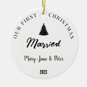 Gepersonaliseerd Eerste Kersthuwelijk Keramisch Ornament