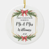 Gepersonaliseerd Eerste Kersthuwelijk Mr. Mrs. Keramisch Ornament (Voorkant)