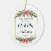 Gepersonaliseerd Eerste Kersthuwelijk Mr. Mrs. Keramisch Ornament (Links)
