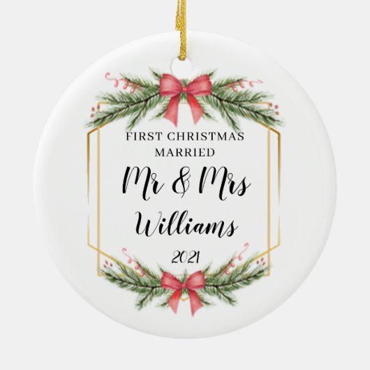 Gepersonaliseerd Eerste Kersthuwelijk Mr. Mrs. Keramisch Ornament (Achterkant)