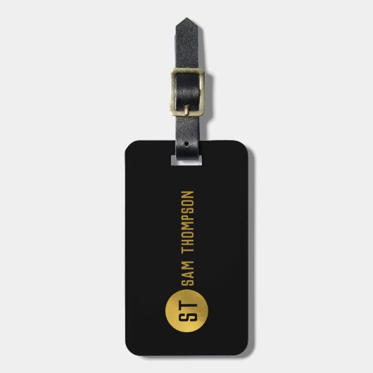 Gepersonaliseerd Elegant Black & Gold Modern Monog Bagagelabel (Voorkant verticaal)
