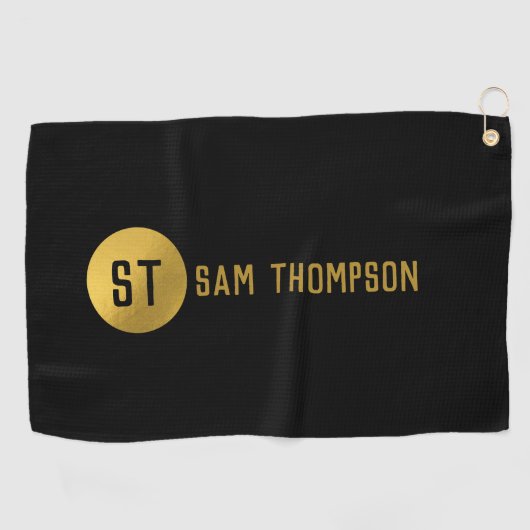 Gepersonaliseerd Elegant Black & Gold Modern Monog Golfhanddoek (Horizontaal)