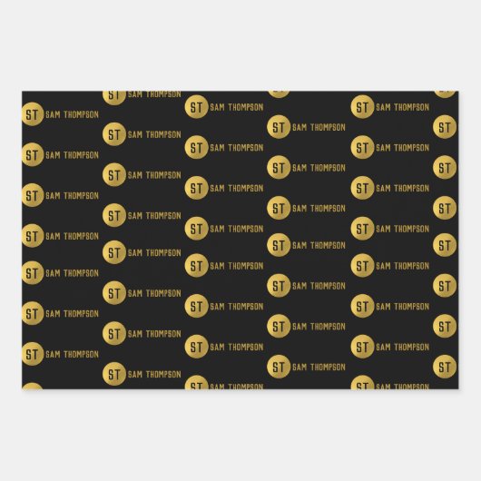 Gepersonaliseerd Elegant Black & Gold Modern Monog Inpakpapier Vel (Voorkant 2)