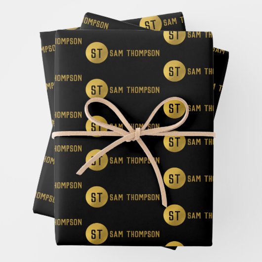 Gepersonaliseerd Elegant Black & Gold Modern Monog Inpakpapier Vel (In situ)
