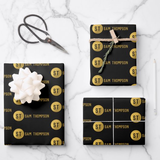 Gepersonaliseerd Elegant Black & Gold Modern Monog Inpakpapier Vel (Voorkant)