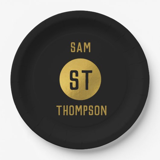 Gepersonaliseerd Elegant Black & Gold Modern Monog Papieren Bordje (Voorkant)