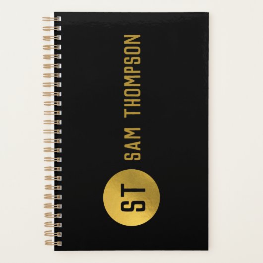 Gepersonaliseerd Elegant Black & Gold Modern Monog Planner (Voorkant)