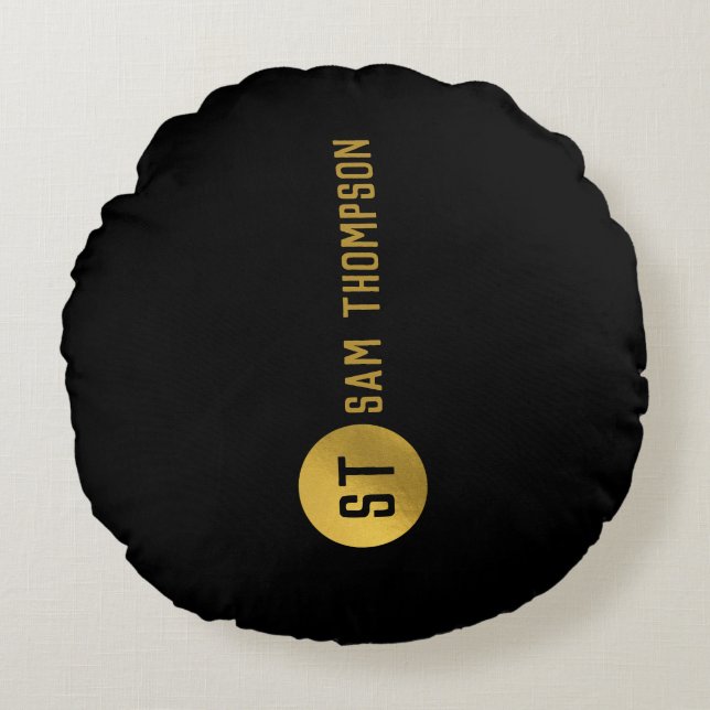 Gepersonaliseerd Elegant Black & Gold Modern Monog Rond Kussen (Voorkant)