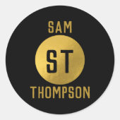 Gepersonaliseerd Elegant Black & Gold Modern Monog Ronde Sticker (Voorkant)