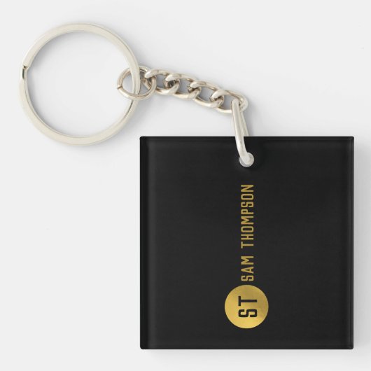 Gepersonaliseerd Elegant Black & Gold Modern Monog Sleutelhanger (Voorkant)
