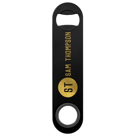Gepersonaliseerd Elegant Black & Gold Modern Monog Speed Flessenopener (Voorkant)