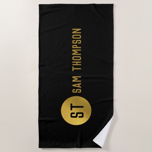 Gepersonaliseerd Elegant Black & Gold Modern Monog Strandlaken (Voorkant)