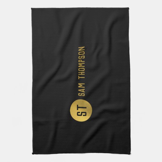 Gepersonaliseerd Elegant Black & Gold Modern Monog Theedoek (Verticaal)