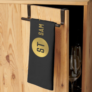 Gepersonaliseerd Elegant Black & Gold Modern Monog Theedoek