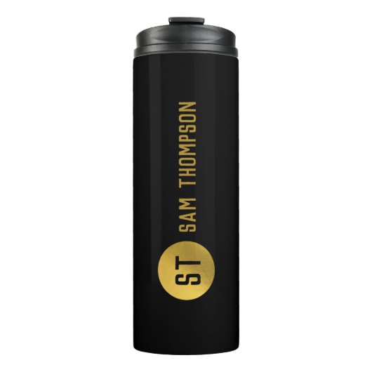 Gepersonaliseerd Elegant Black & Gold Modern Monog Thermosbeker (Voorkant)