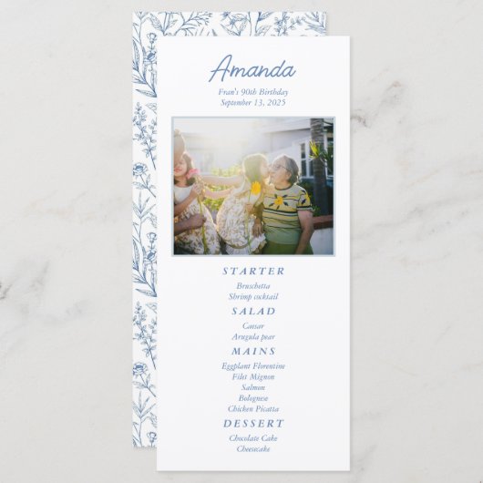 Gepersonaliseerd Elegant Blauw Bloemen Verjaardags Menu (Voorkant / Achterkant)