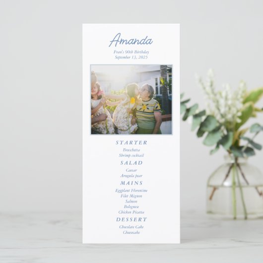 Gepersonaliseerd Elegant Blauw Bloemen Verjaardags Menu (Staand voorkant)