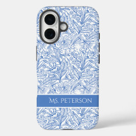Gepersonaliseerd Elegant Blauw Botanisch Ontwerp iPhone 16 Hoesje