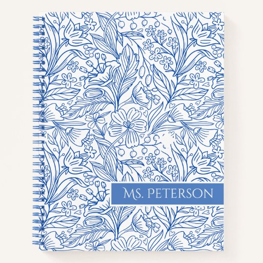 Gepersonaliseerd Elegant Blauw Botanisch Ontwerp Notitieboek (Voorkant)