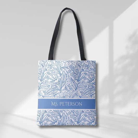 Gepersonaliseerd Elegant Blauw Botanisch Ontwerp Tote Bag