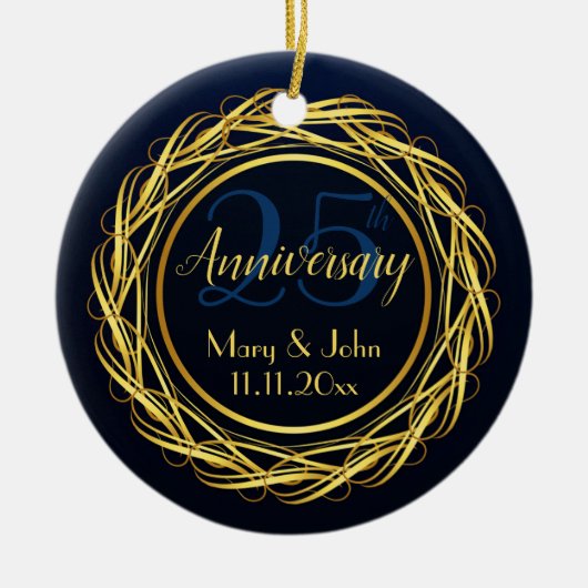 Gepersonaliseerd Elegant blauw Jubileum Keramisch Ornament (Voorkant)