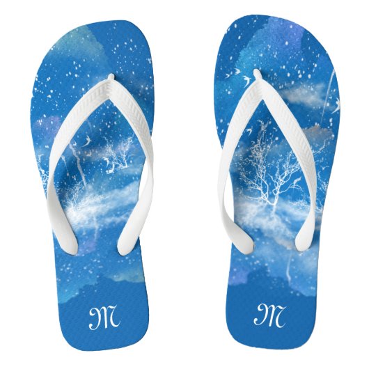 Gepersonaliseerd Elegant Blauw & Wit Monogram Unis Teenslippers (Voetbed)