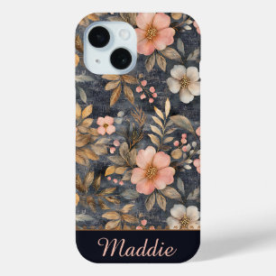 Gepersonaliseerd Elegant Bloemen Roze & Goud Patro iPhone 15 Case