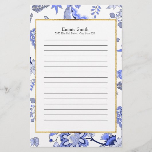 Gepersonaliseerd Elegant Blue Floral Briefpapier (Voorkant)