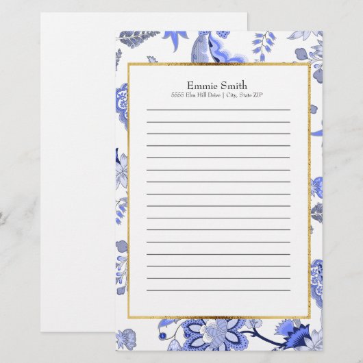 Gepersonaliseerd Elegant Blue Floral Briefpapier (Voorkant / Achterkant)