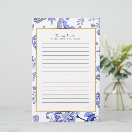 Gepersonaliseerd Elegant Blue Floral Briefpapier (Staand voorkant)
