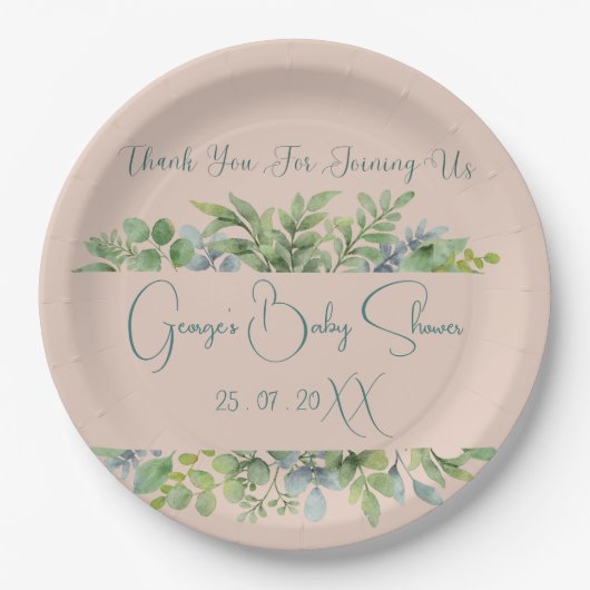 Gepersonaliseerd Elegant Botanisch Baby shower Papieren Bordje (Voorkant)