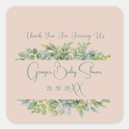 Gepersonaliseerd Elegant Botanisch Baby shower Vierkante Sticker