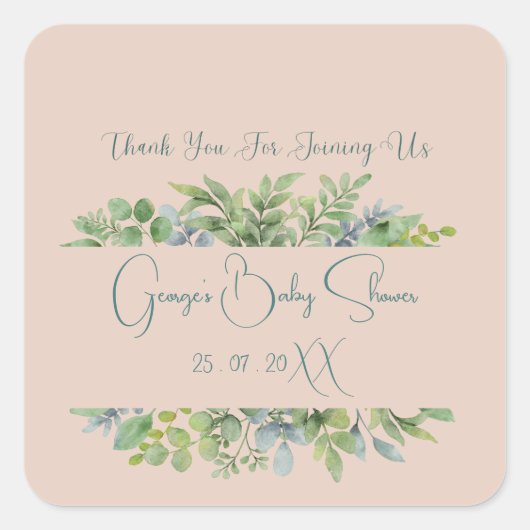 Gepersonaliseerd Elegant Botanisch Baby shower Vierkante Sticker (Voorkant)