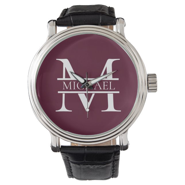 Gepersonaliseerd Elegant Bourgondisch Monogram en  Horloge (Voorkant)
