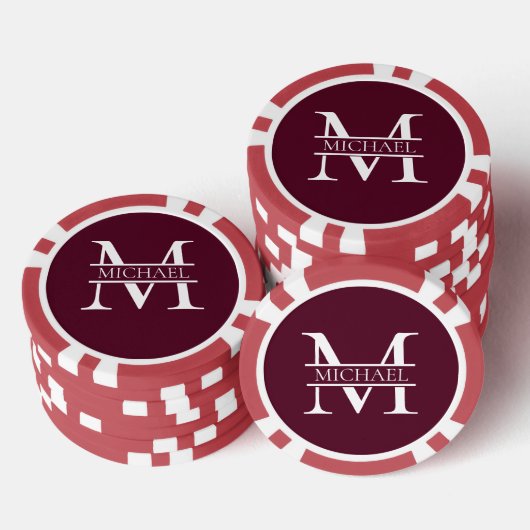 Gepersonaliseerd Elegant Bourgondisch Monogram en Poker Chips (Opstapeling)