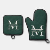 Gepersonaliseerd Elegant Emerald Green Monogram &  Ovenwant & Pannenlap Set (Voorkant)